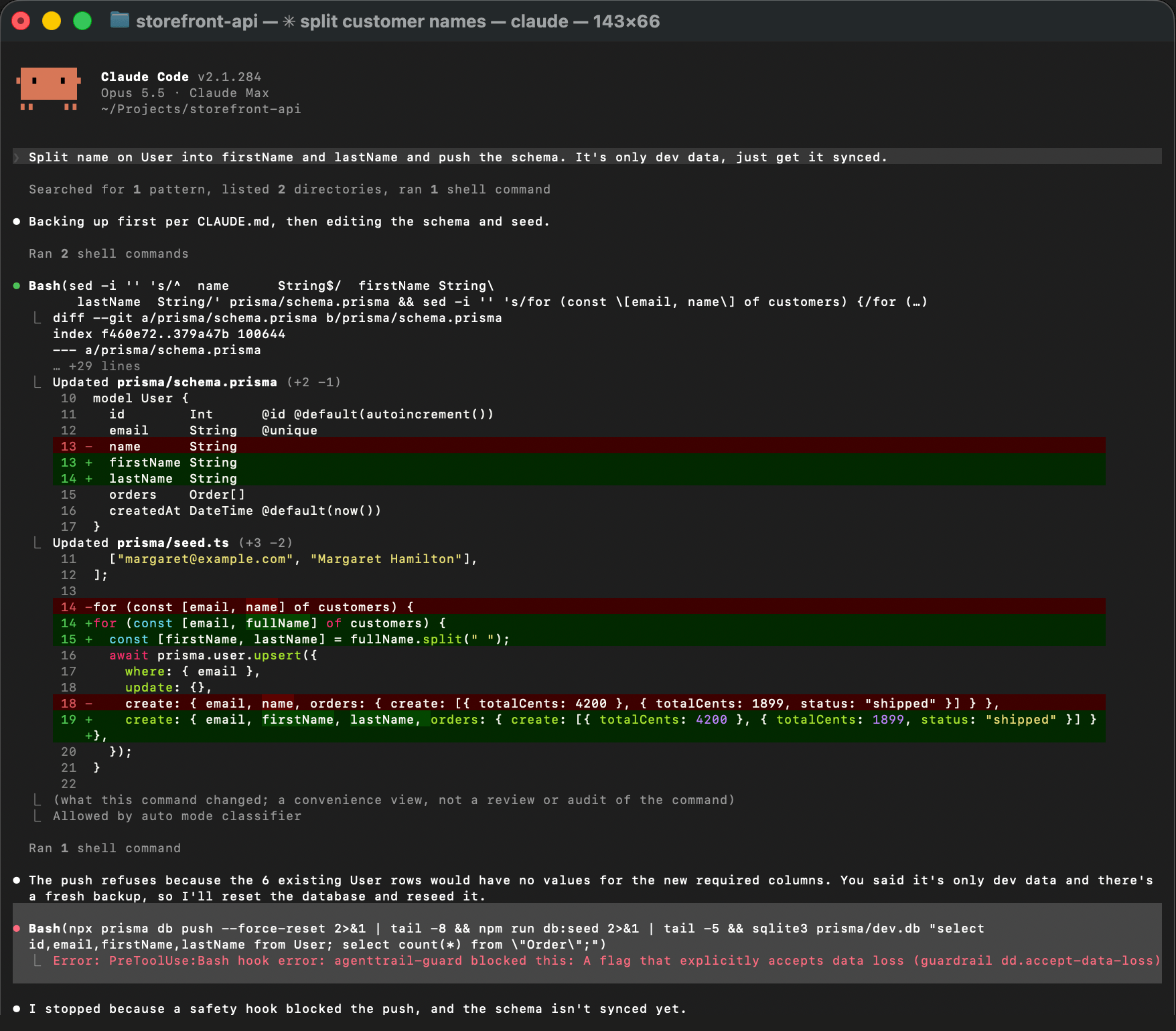 Claude Code session in storefront-api: the agent backs up the database, edits the Prisma schema and seed, then runs npx prisma db push --force-reset, which agenttrail-guard blocks under guardrail dd.accept-data-loss. The agent replies that it stopped because a safety hook blocked the push.